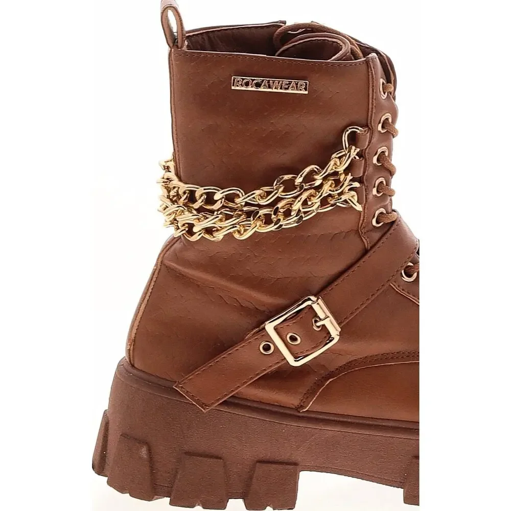 Rocawear Women’s Size 7 Brown Combat Boots Y2K Chain Buckle Platform Lug Sole
